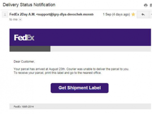 phishing email from fedex where the users parcel has arrived